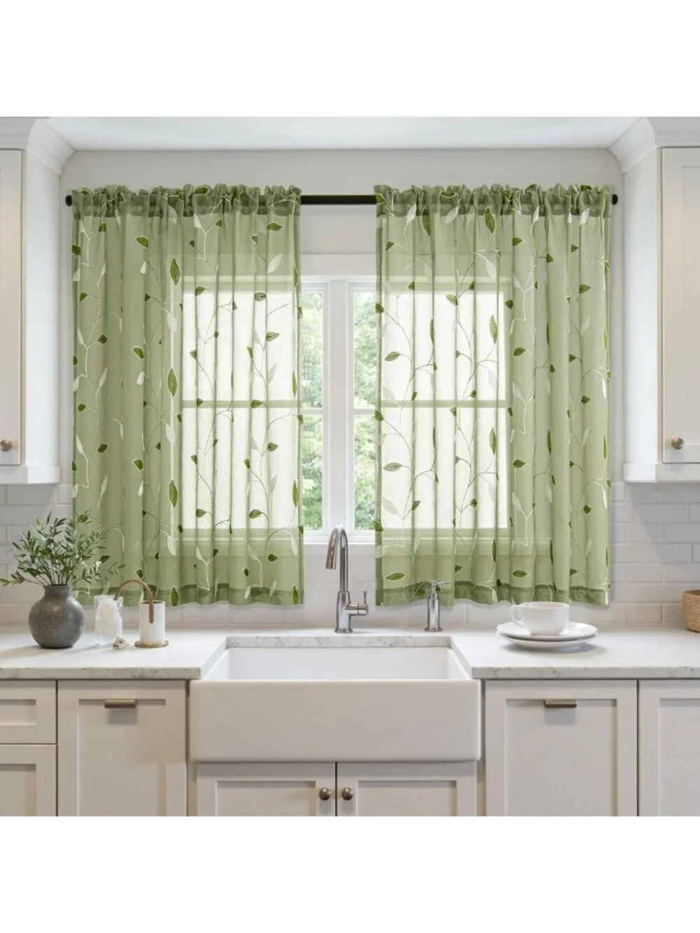Sage Green Sheer Curtains - 2 Panels with Leaf Pattern, W52 x L45, Light